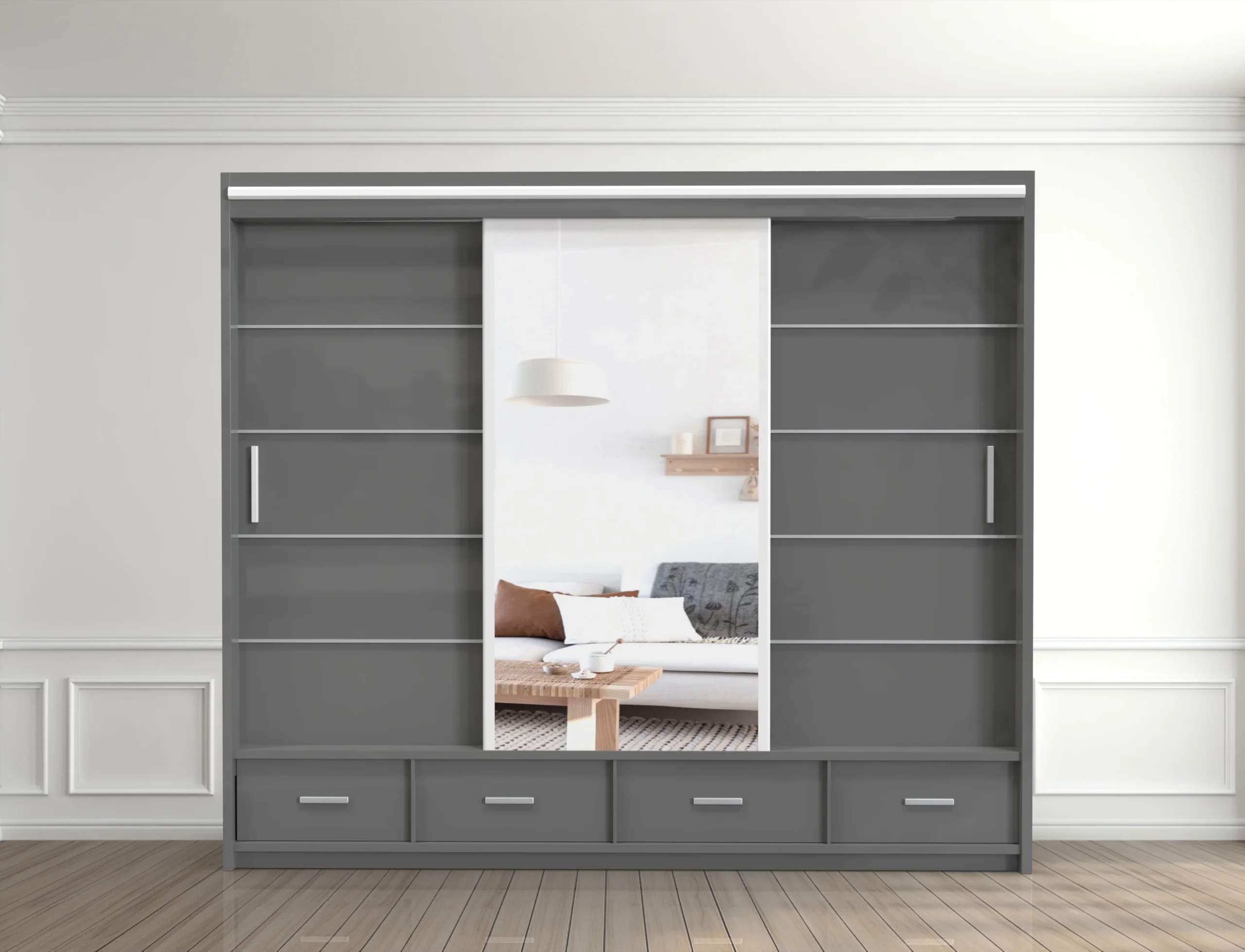 256cm Florence High Gloss Wardrobe with Sliding Mirrors and Metallic Handles