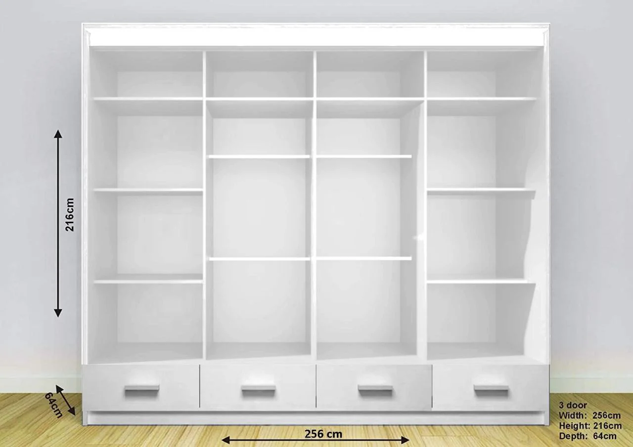 256cm Florence High Gloss Wardrobe with Sliding Mirrors and Metallic Handles