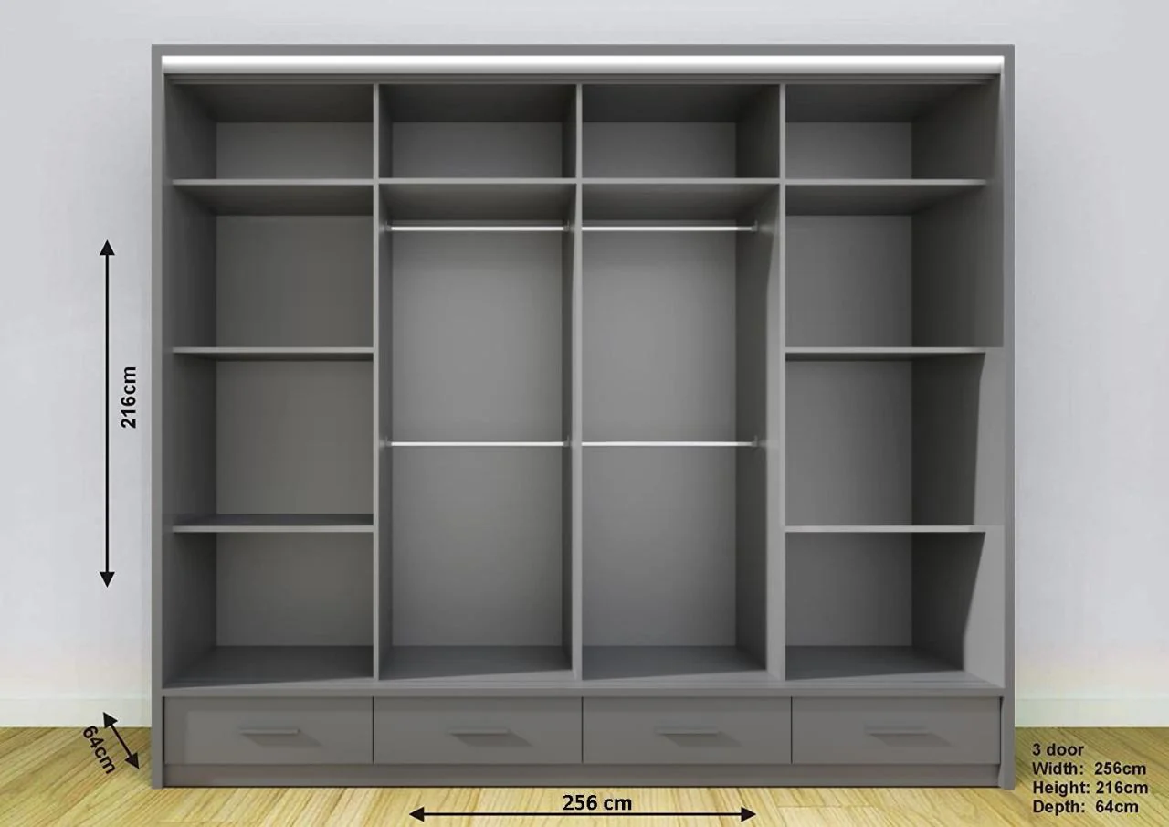 256cm Florence High Gloss Wardrobe with Sliding Mirrors and Metallic Handles