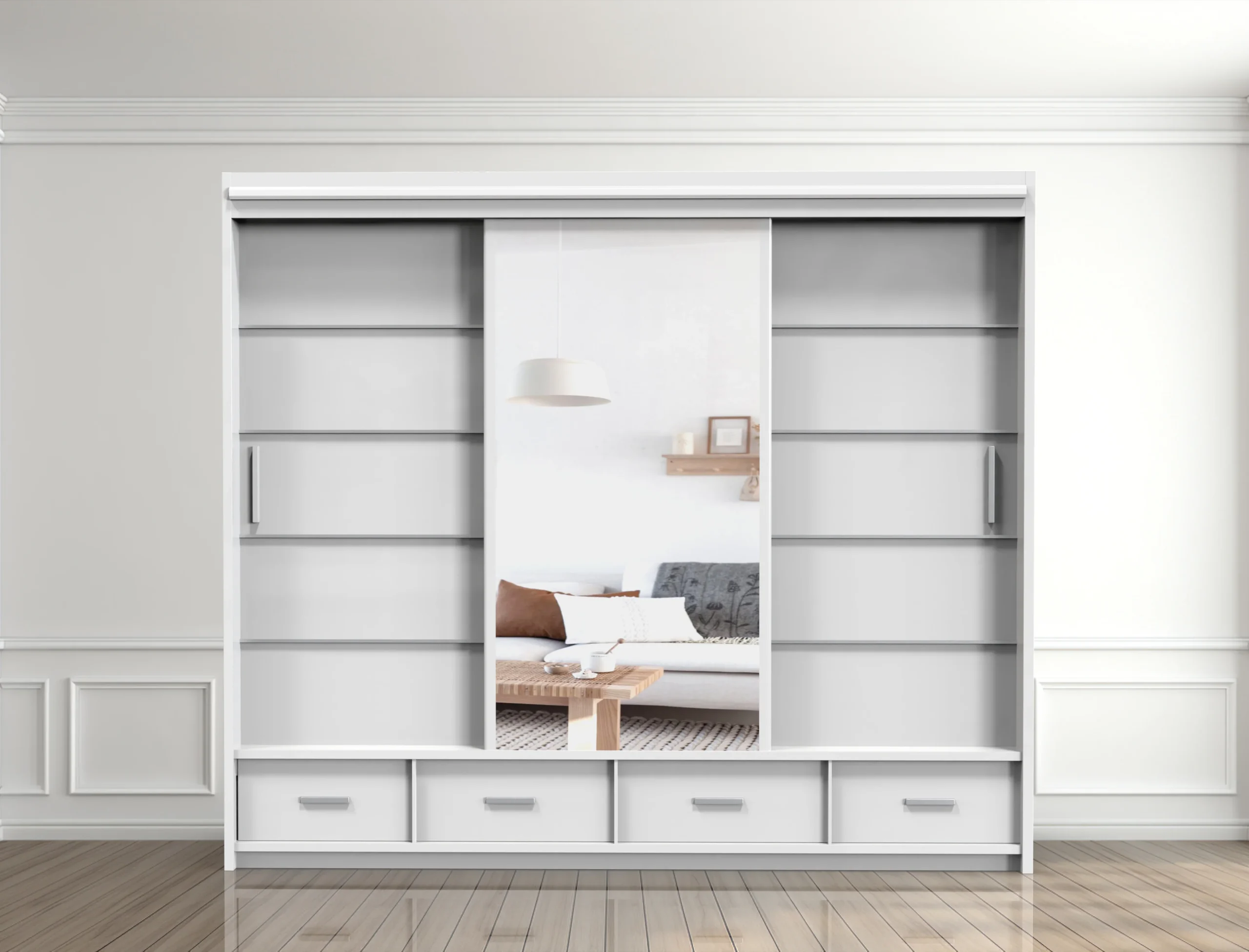 256cm Florence High Gloss Wardrobe with Sliding Mirrors and Metallic Handles