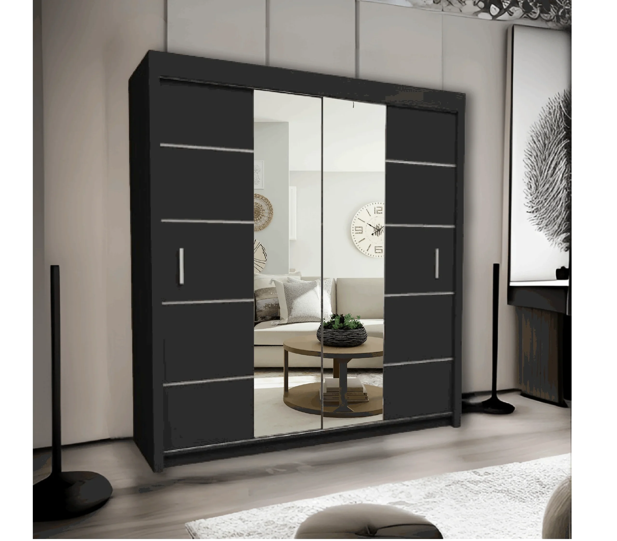 180cm Oslo Mirror Sliding Wardrobe for bedroom - Grey, White Oak, and Black