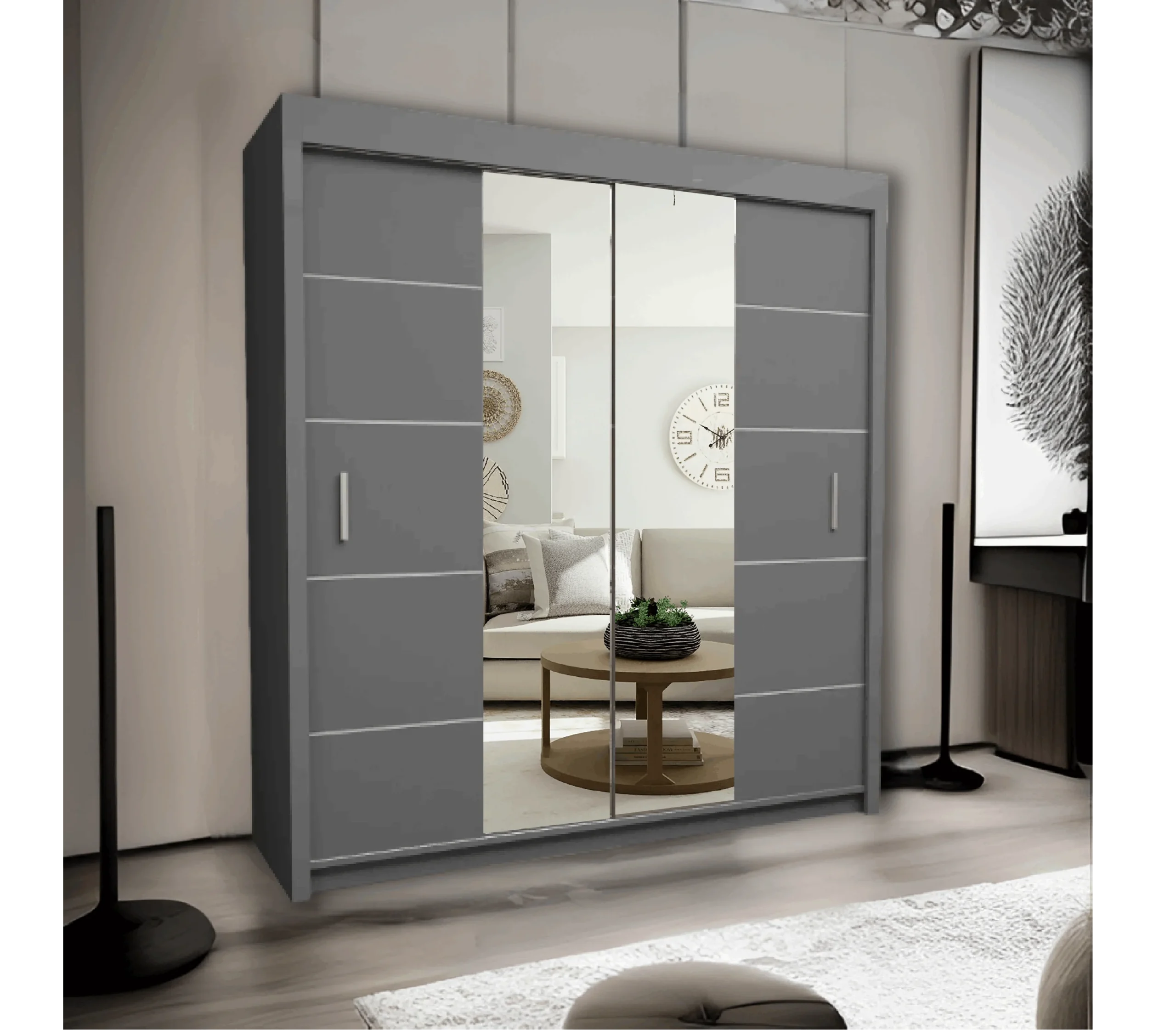 180cm Oslo Mirror Sliding Wardrobe for bedroom - Grey, White Oak, and Black
