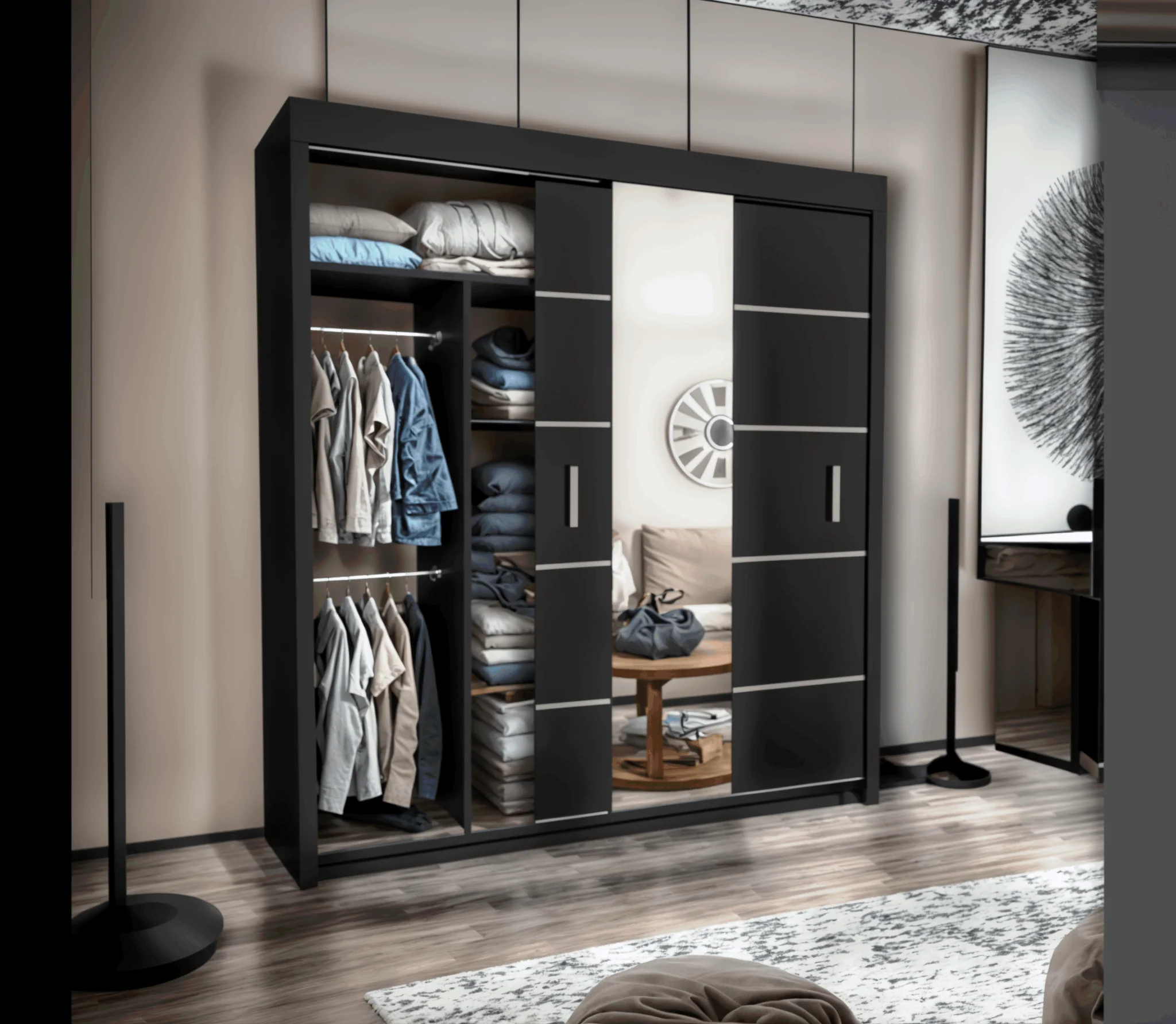 180cm Oslo Mirror Sliding Wardrobe for bedroom - Grey, White Oak, and Black