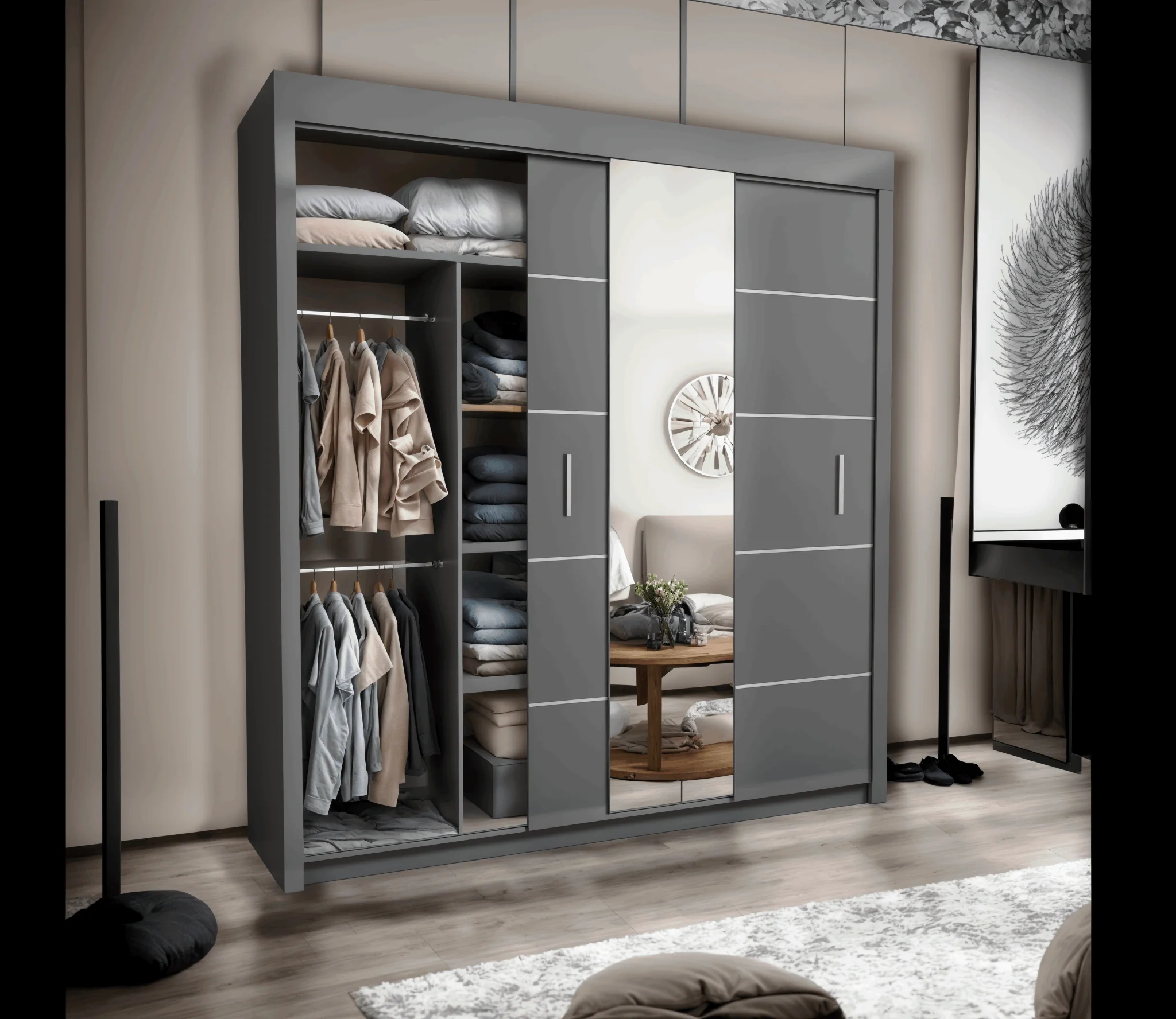 180cm Oslo Mirror Sliding Wardrobe for bedroom - Grey, White Oak, and Black