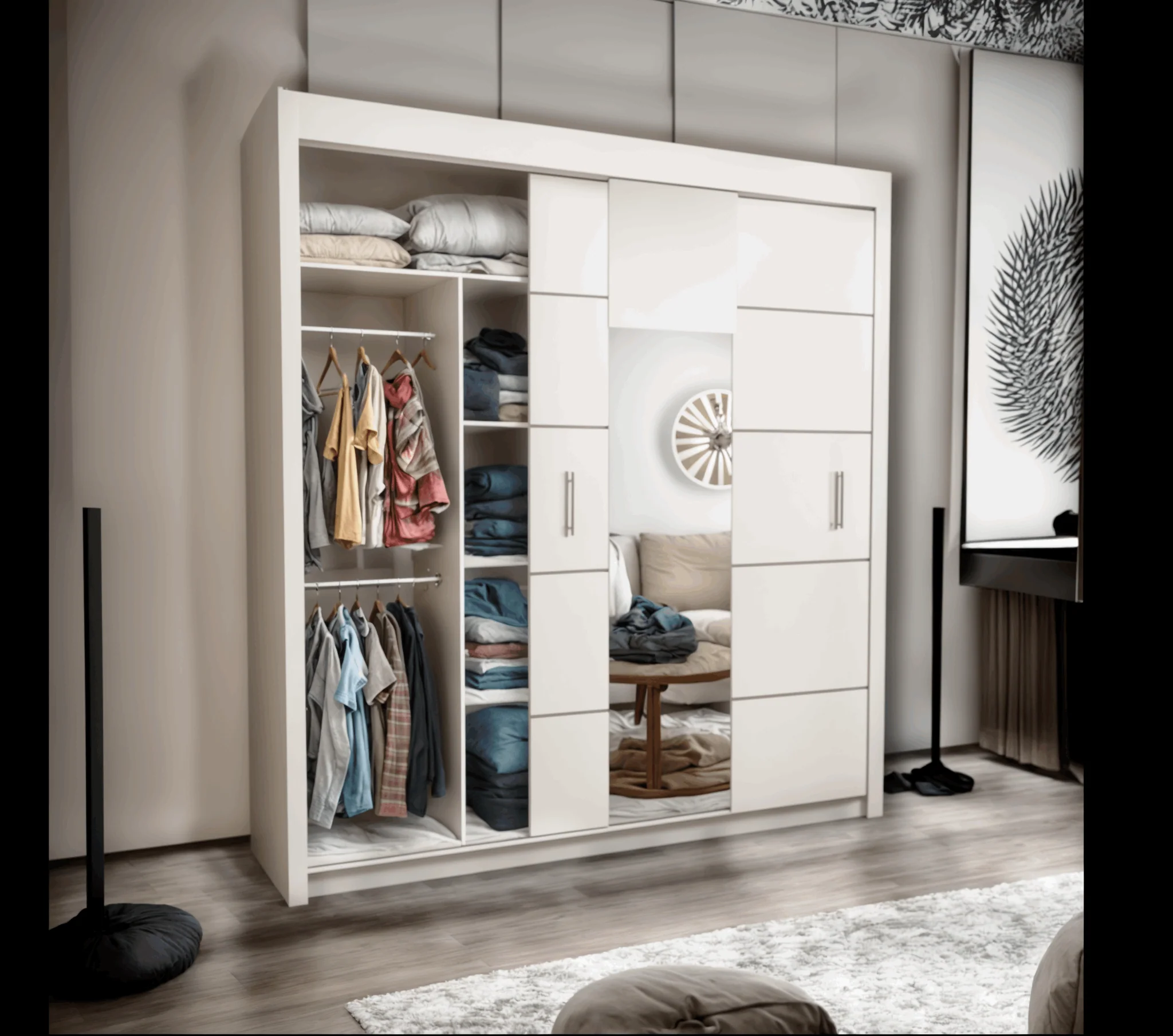180cm Oslo Mirror Sliding Wardrobe for bedroom - Grey, White Oak, and Black