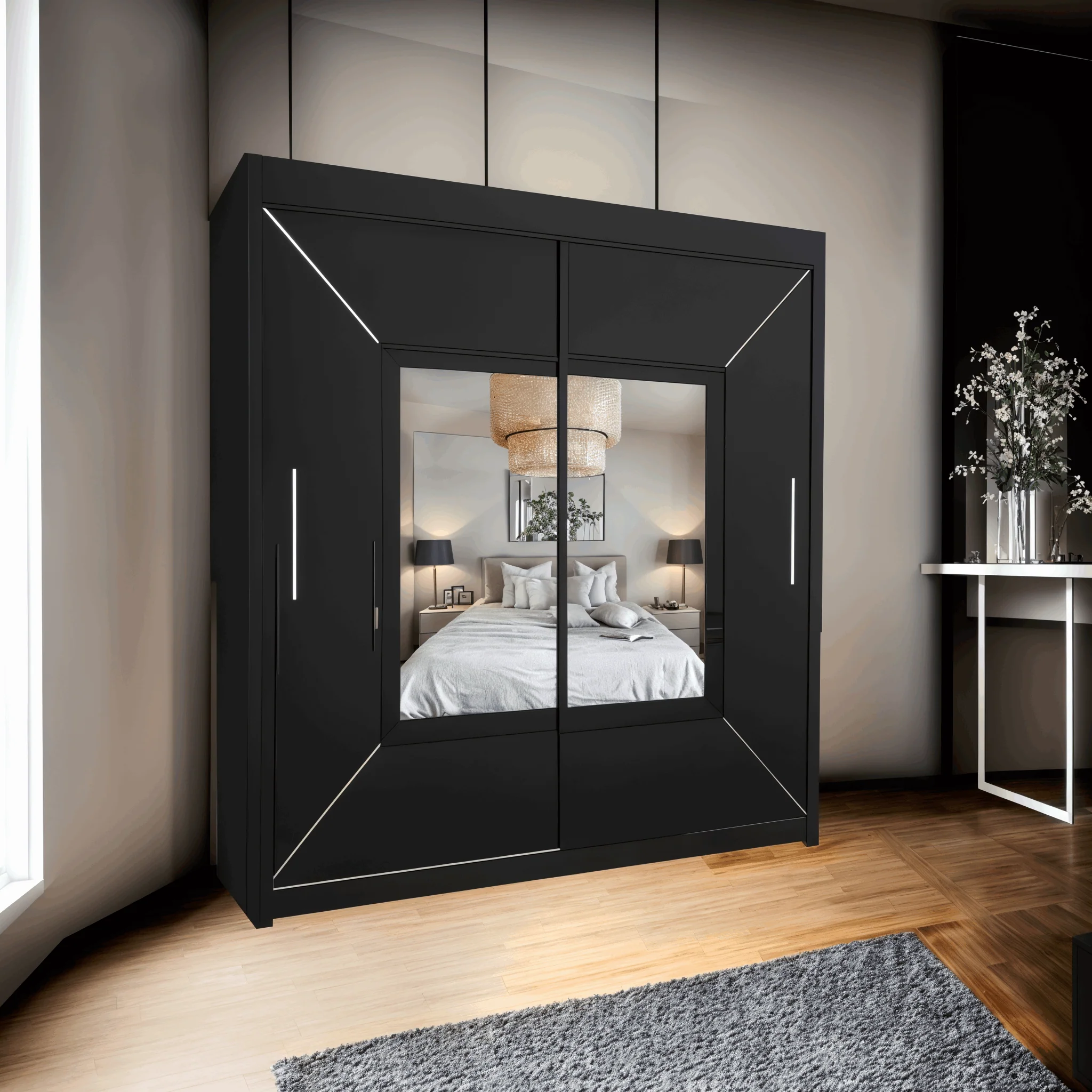 180cm Venice Sliding Door Mirror Wardrobe - Grey, White, and Black - Modern Design - 2 Doors