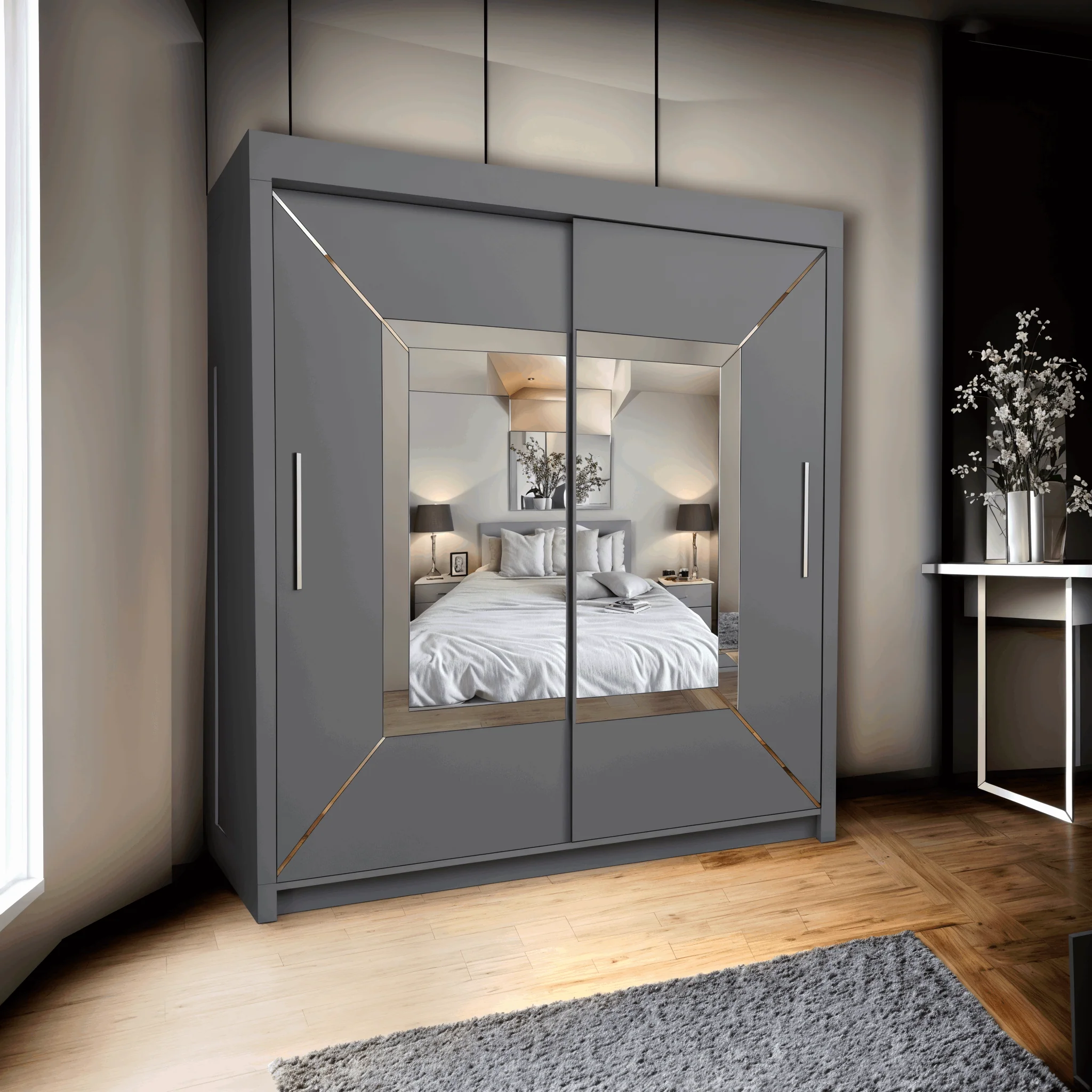 180cm Venice Sliding Door Mirror Wardrobe - Grey, White, and Black - Modern Design - 2 Doors